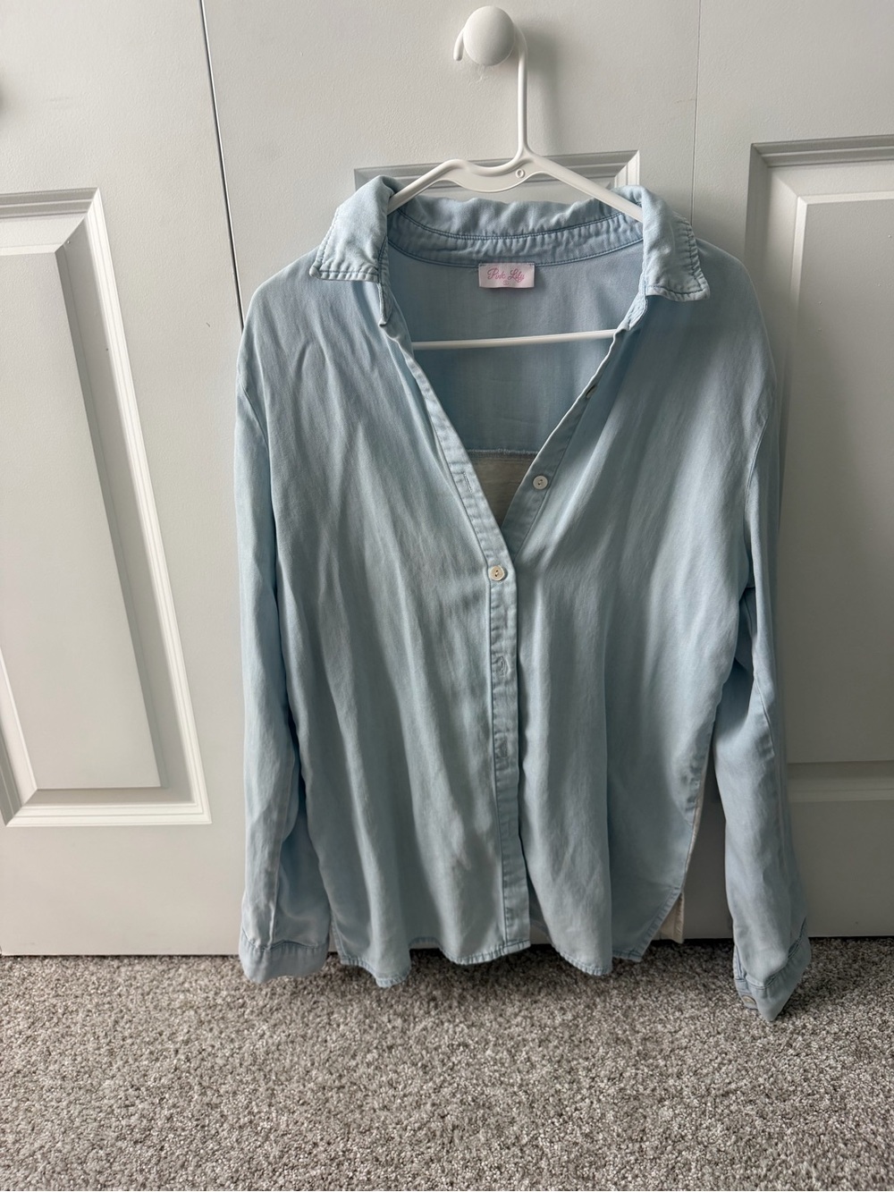 Pink Lily Chambray Cotton Blend Fisherman Button Down Long Sleeved Shirt